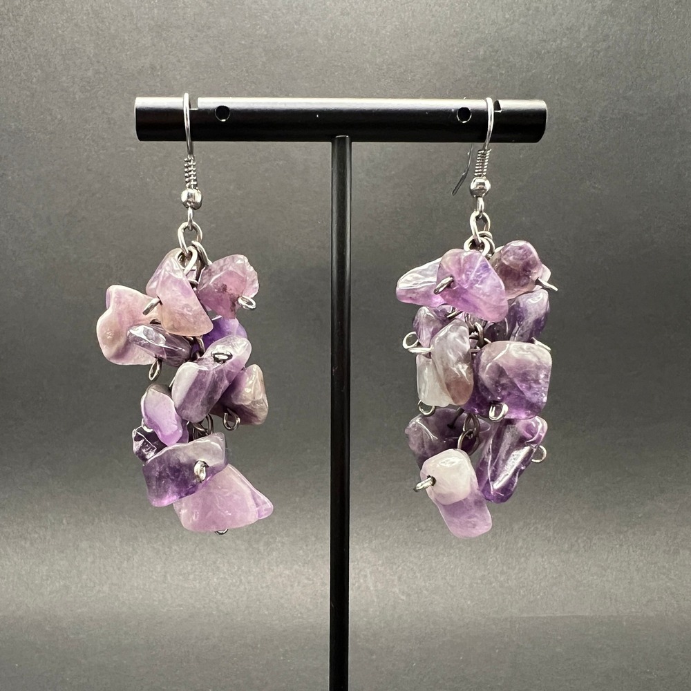 Amethyst Cluster Earrings Purple Crystal Gemstone Chip Boho Healing Witchy Fairy